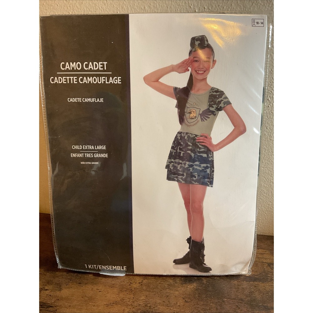 New Girls Camo Army Cadet Camouflage Halloween Costume Hat & Dress XL 10-14